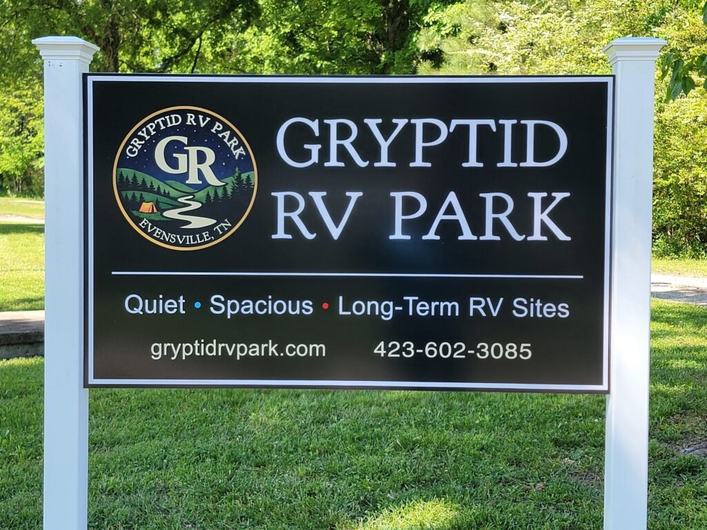 Gryptid RV Park entrance sign