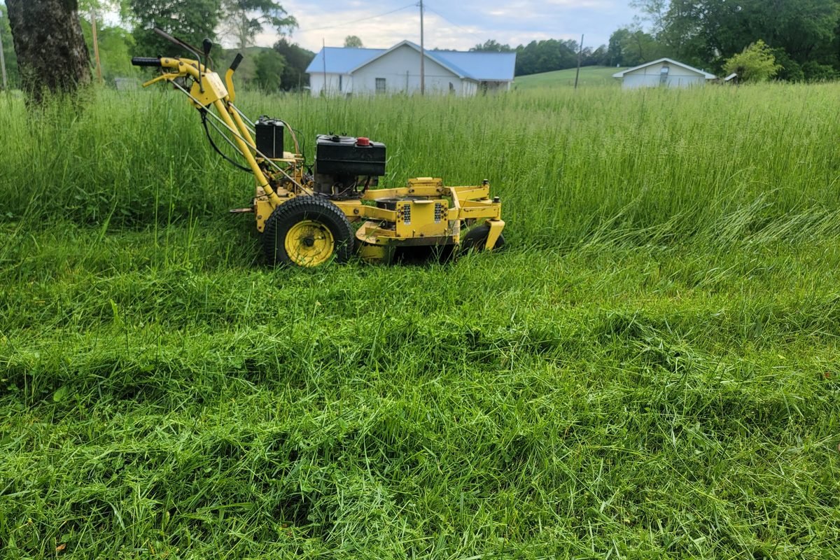 A walk behind brush mower part way through cutting the tall grass