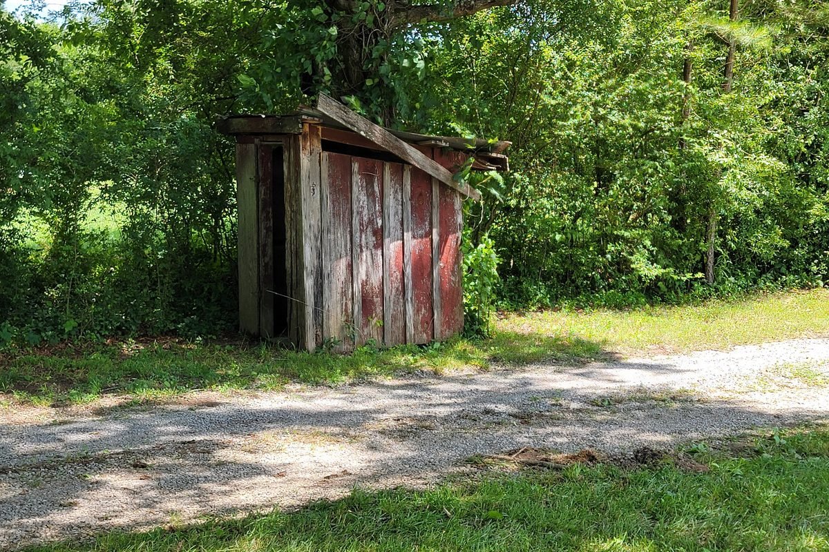 A weathered red and grey wooden outhouse standing at the treeline