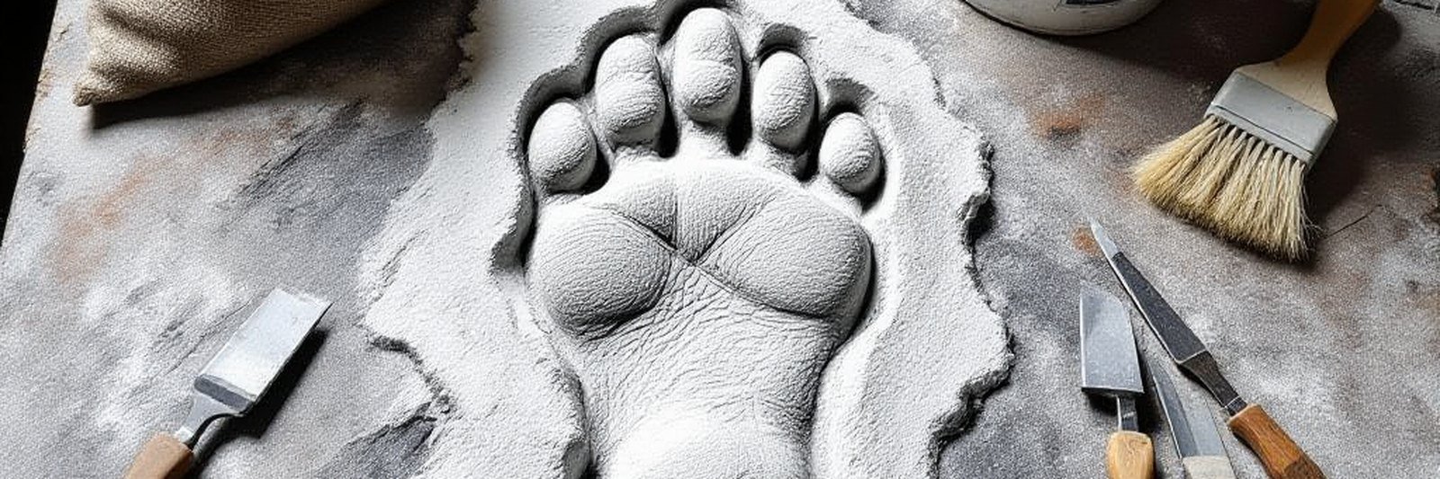 A plaster cast of an oversized footprint on a cluttered workbench beside a sack of plaster, a mixing bucket and carving tools