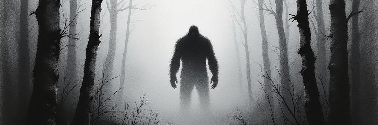 A charcoal drawing of a fog-bound forest trail at night with a large dark shape half hidden in the mist