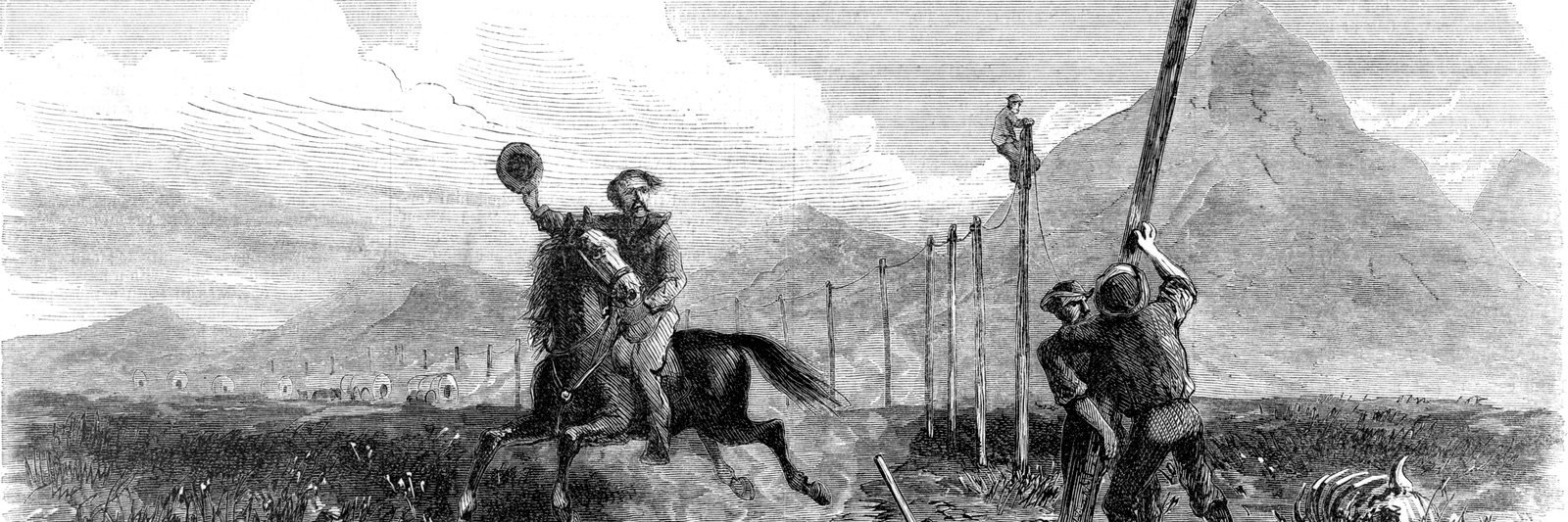 An 1867 wood engraving of a Pony Express rider galloping past a work crew raising a telegraph pole, the wire line running away across open country toward the mountains