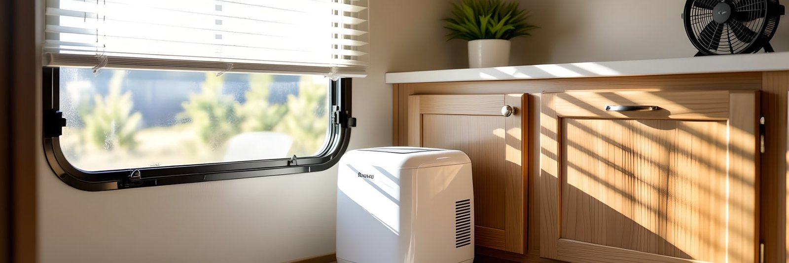 A small dehumidifier running beside an RV window with condensation on the glass, and a fan on the shelf above