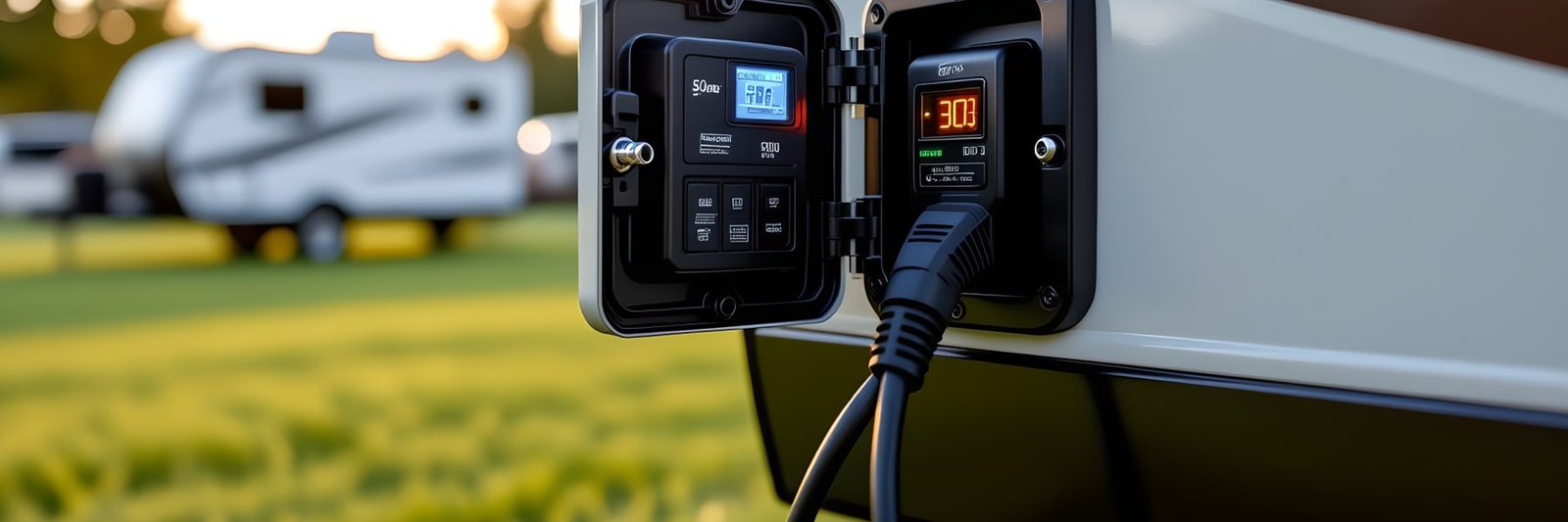 A surge protector with an electrical management display plugged in at an RV shore power inlet