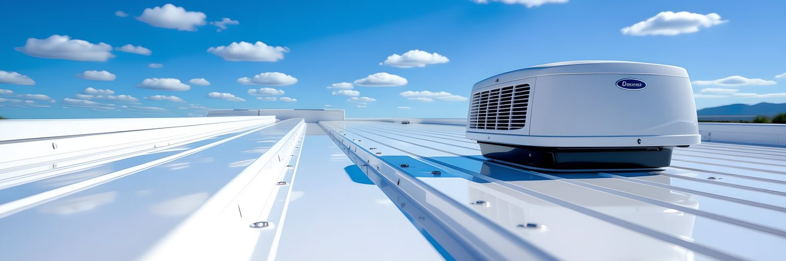 The white membrane roof of a travel trailer with sealed seams and a rooftop air conditioner
