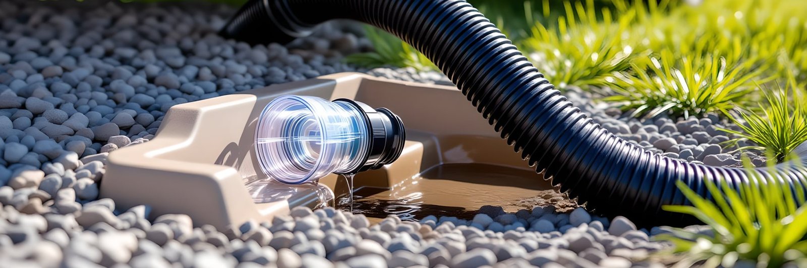 A black sewer hose resting in a support cradle, running into a clear elbow at a campground sewer connection