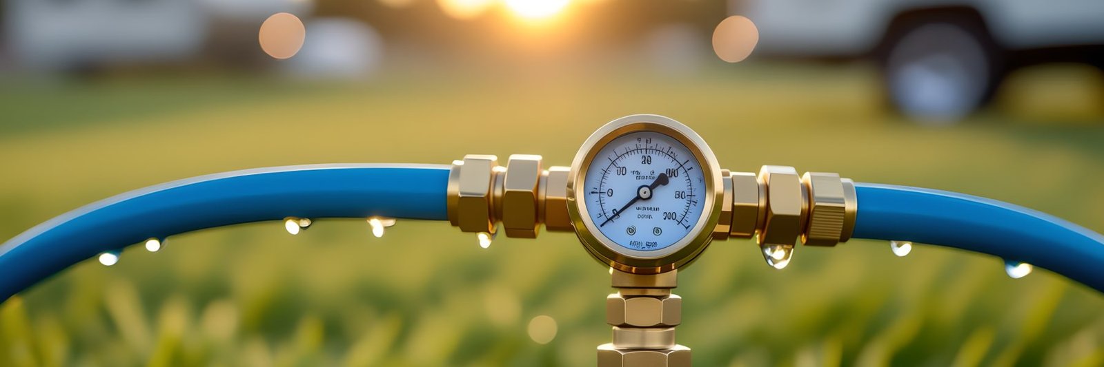 An adjustable water pressure regulator with a gauge, fitted between a spigot and a drinking water hose