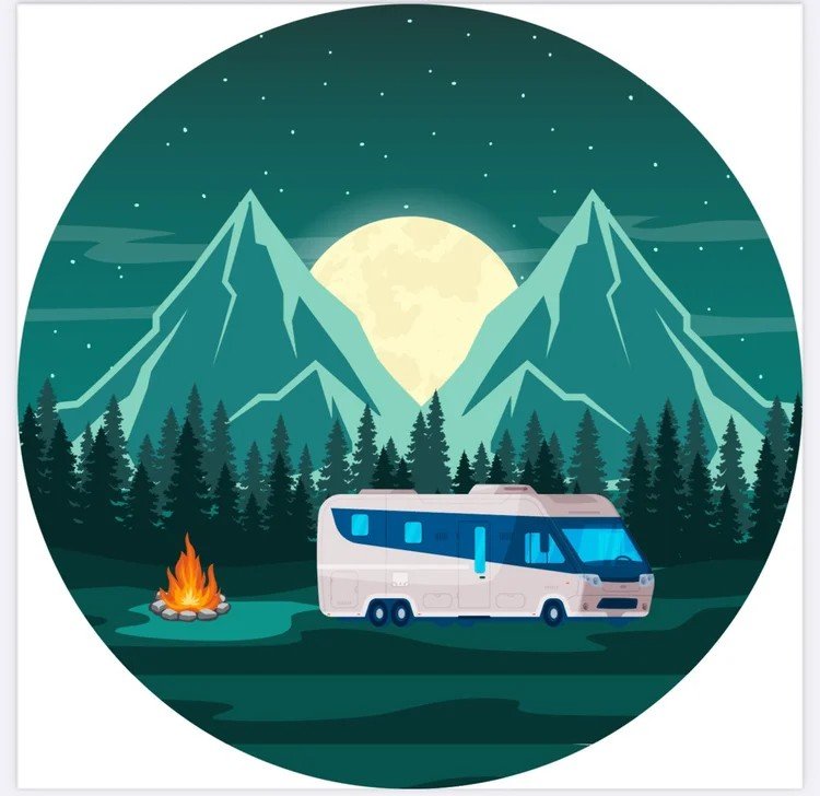 Millard Mobile RV Service logo, an RV parked beside a campfire under a full moon and mountains